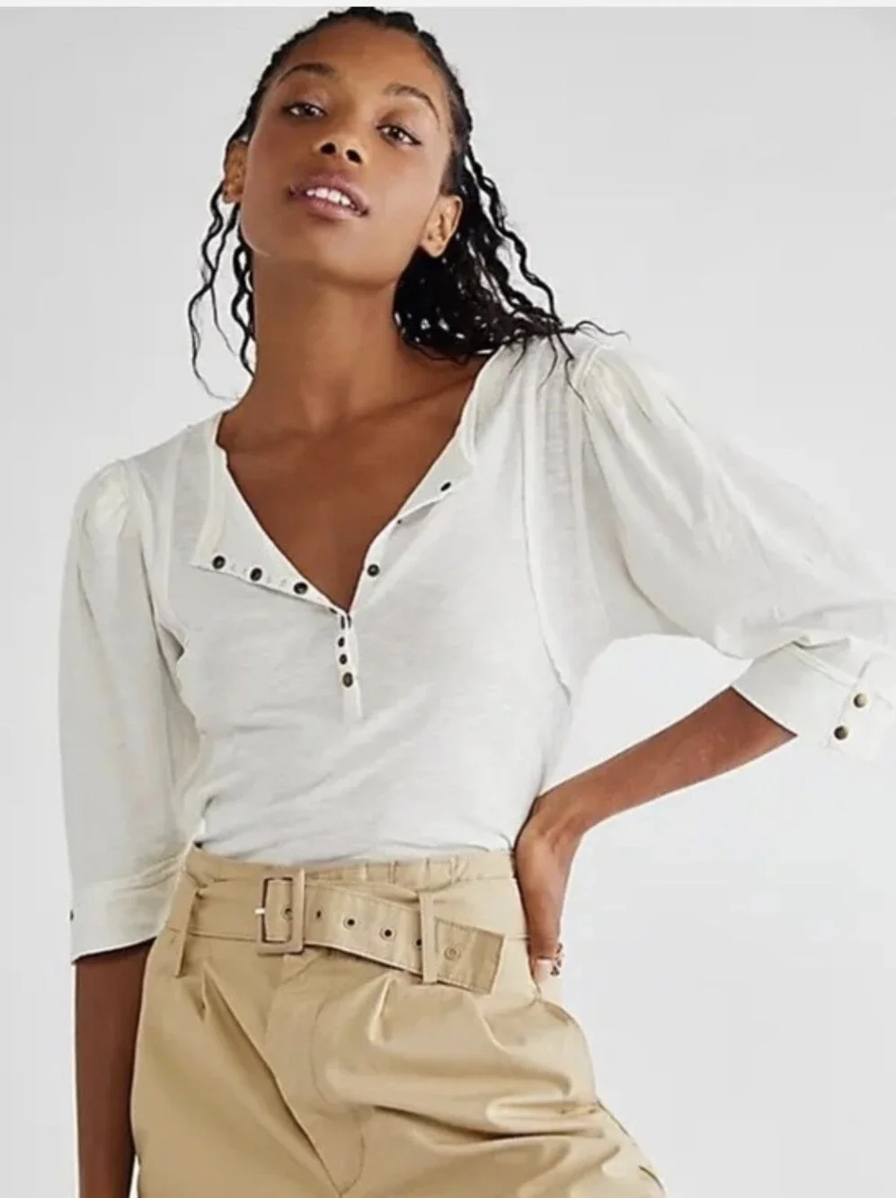 We The Free Snow Drop Puff Sleeve Slub Cotton Henley Tee